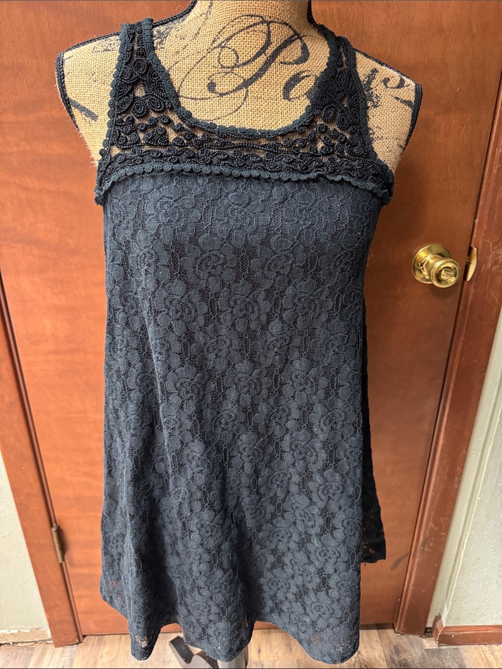 Lace Overlay Black Tank Dress with Crochet Yoke